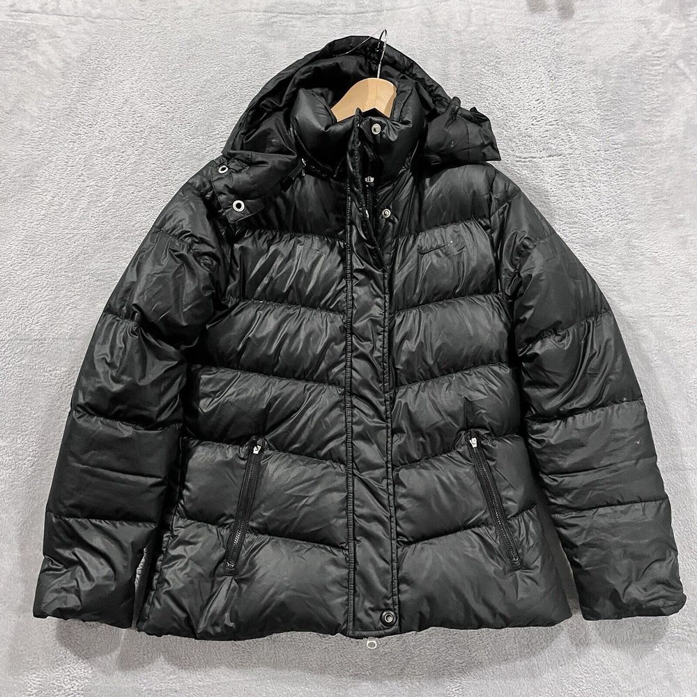 NIKE Jacket Womens M Black Duck Down Full Zip Stand Collar Hood Puffer VTG‎